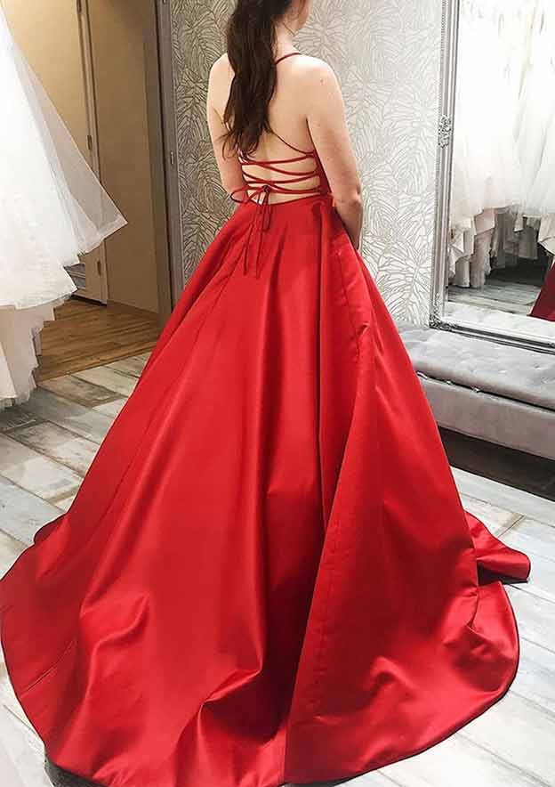 A-Line Satin Prom Dress/Evening Dress with Pleated Pockets and Spaghetti Straps - Ball Gown Square Neckline Sweep Train