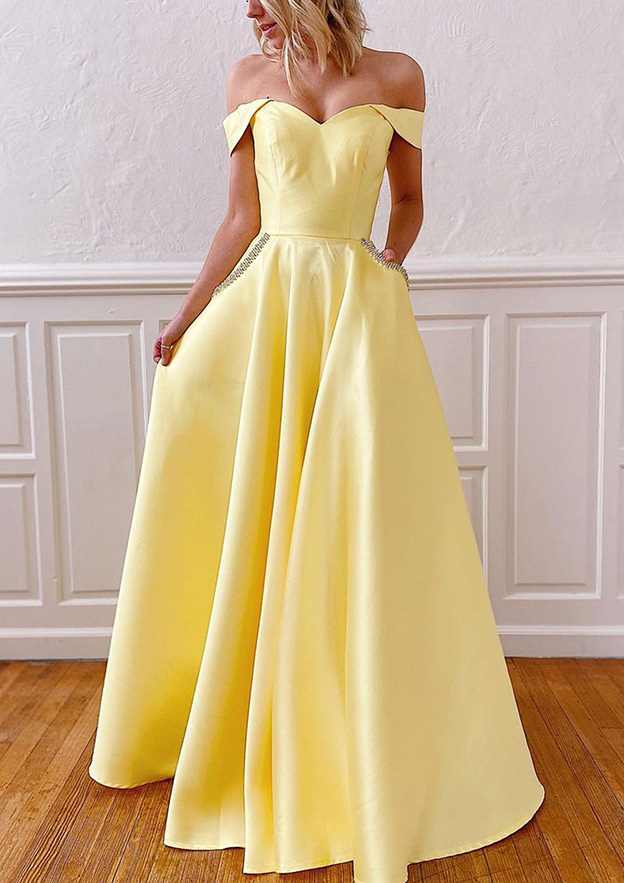 A-Line Satin Prom Dress/Evening Dress with Pockets - Off-the-Shoulder Strapless Long/Floor-Length