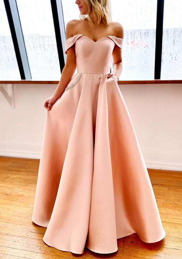 A-Line Satin Prom Dress/Evening Dress with Pockets - Off-the-Shoulder Strapless Long/Floor-Length