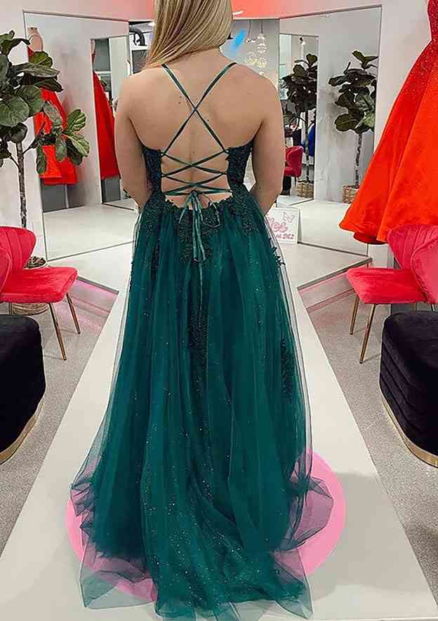 A-Line Scalloped Neck Spaghetti Straps Glitter Prom Dress/Evening Dress with Appliqued Tulle