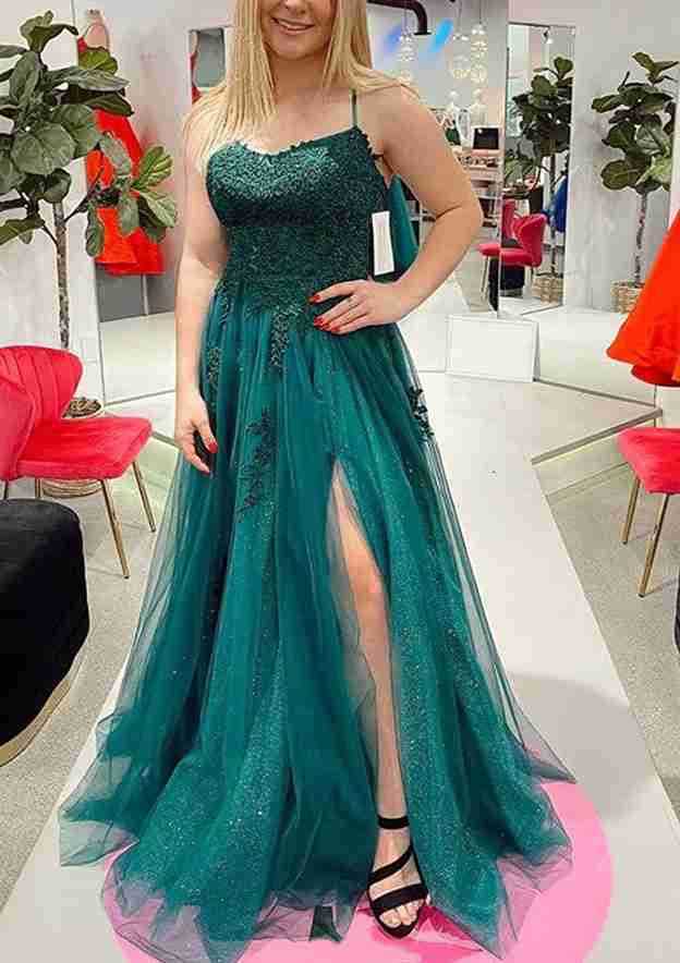 A-Line Scalloped Neck Spaghetti Straps Glitter Prom Dress/Evening Dress with Appliqued Tulle