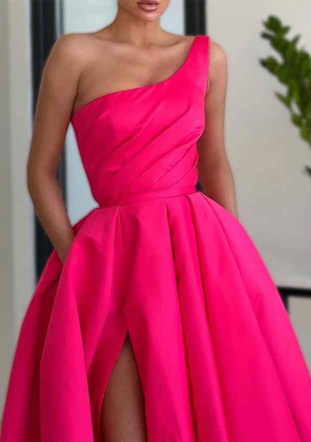 A-Line Sleeveless One-Shoulder Satin Prom Dress/Evening Dress With Split Ruffles Pockets - Long/Floor-Length