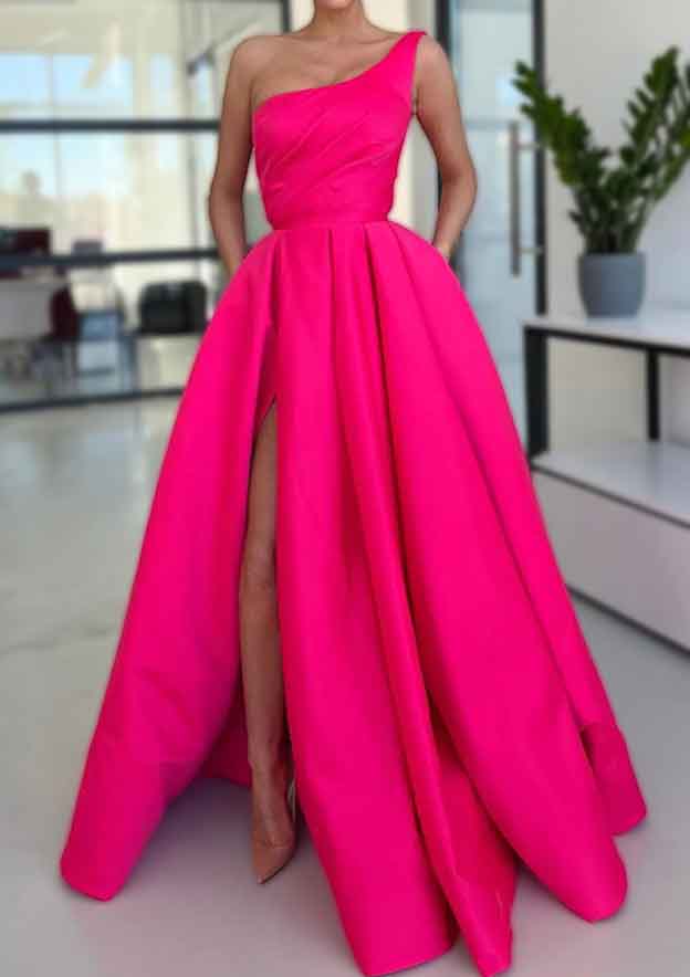 A-Line Sleeveless One-Shoulder Satin Prom Dress/Evening Dress With Split Ruffles Pockets - Long/Floor-Length