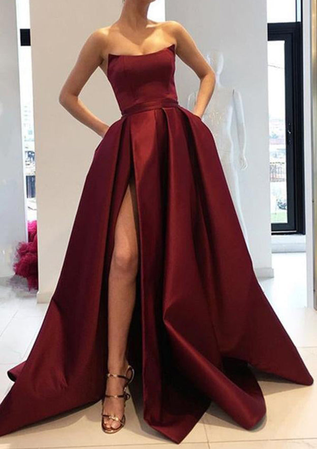 A-Line Square Neckline Long Satin Prom Dress/Evening Dress With Pockets Split