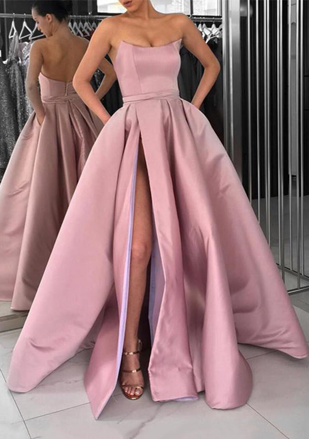 A-Line Square Neckline Long Satin Prom Dress/Evening Dress With Pockets Split