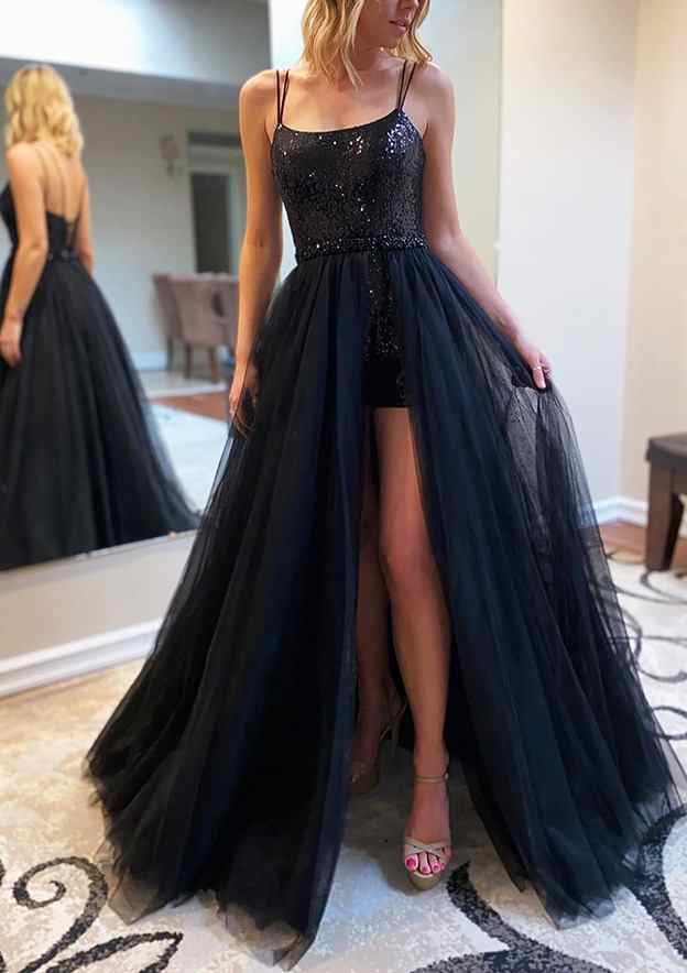 A-Line Square Neckline Prom Dress/Evening Dress with Beading Sequins and Split Tulle