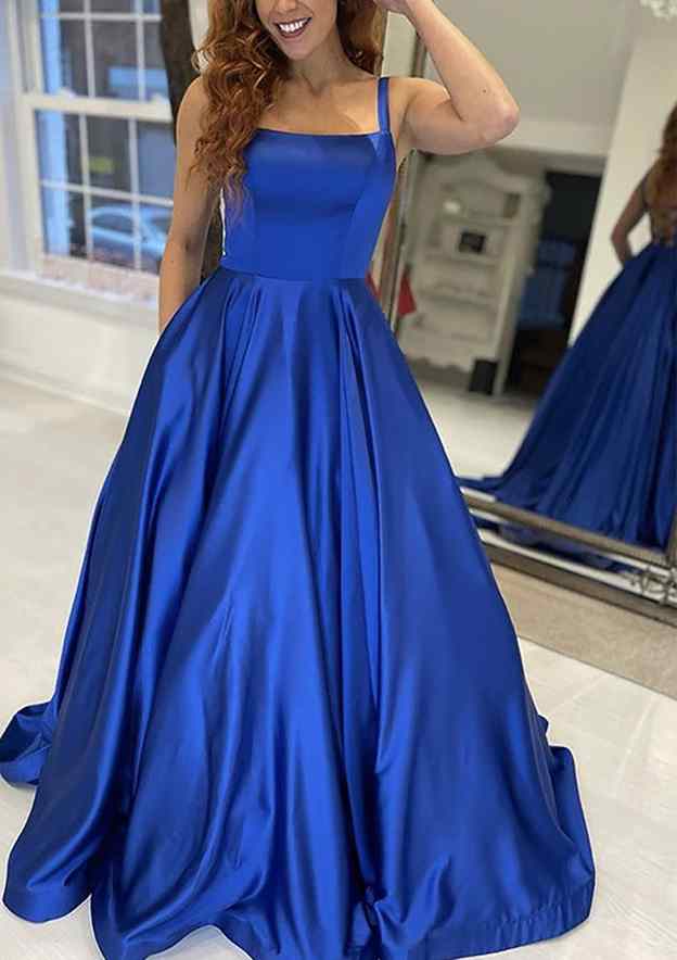 A-Line Square Neckline Satin Prom Dress/Evening Dress With Pockets and Sweep Train