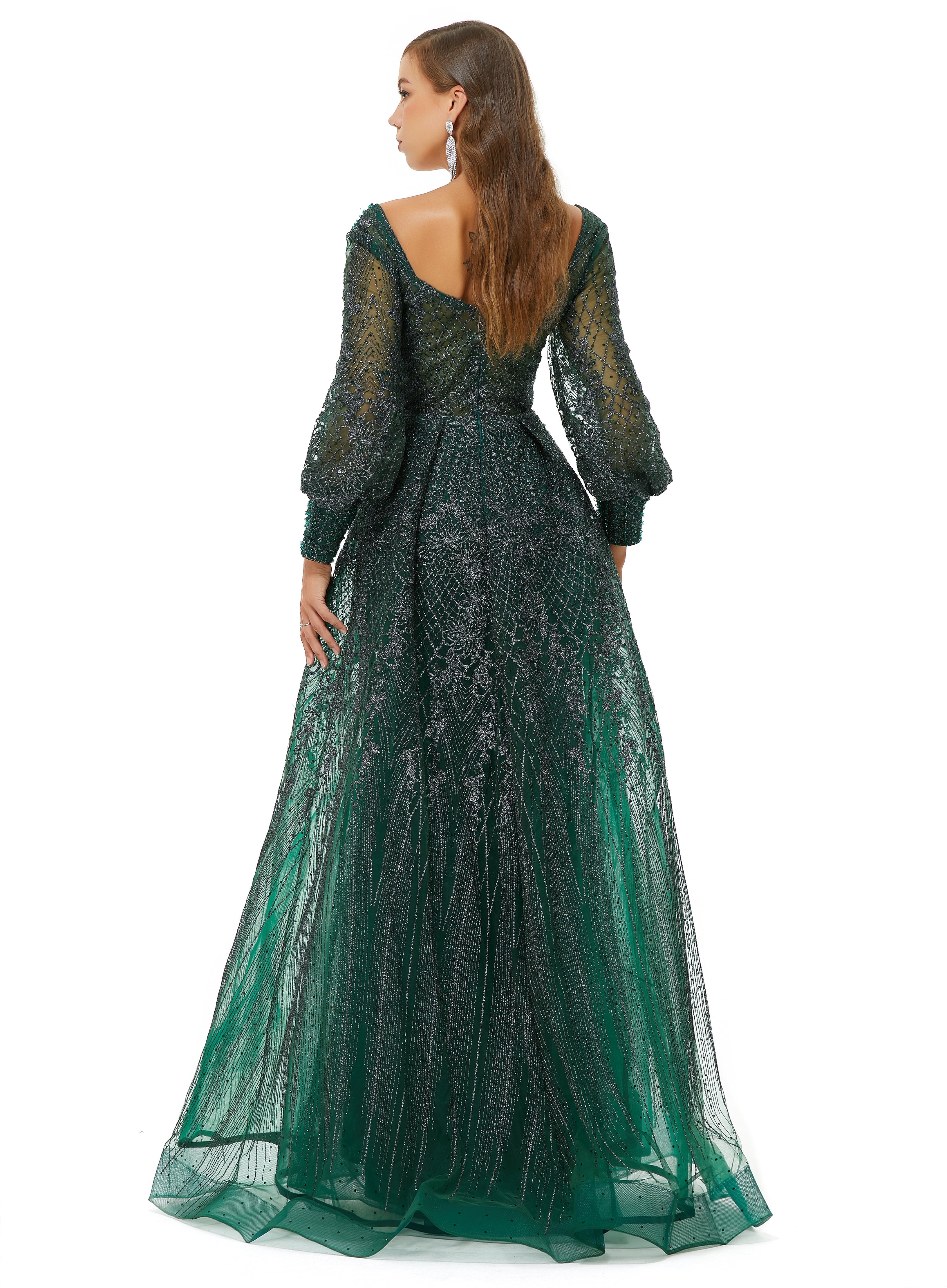 A-line Square Neckline Sequined Floor-length Long Sleeve Open Back Appliques Lace Prom Dress