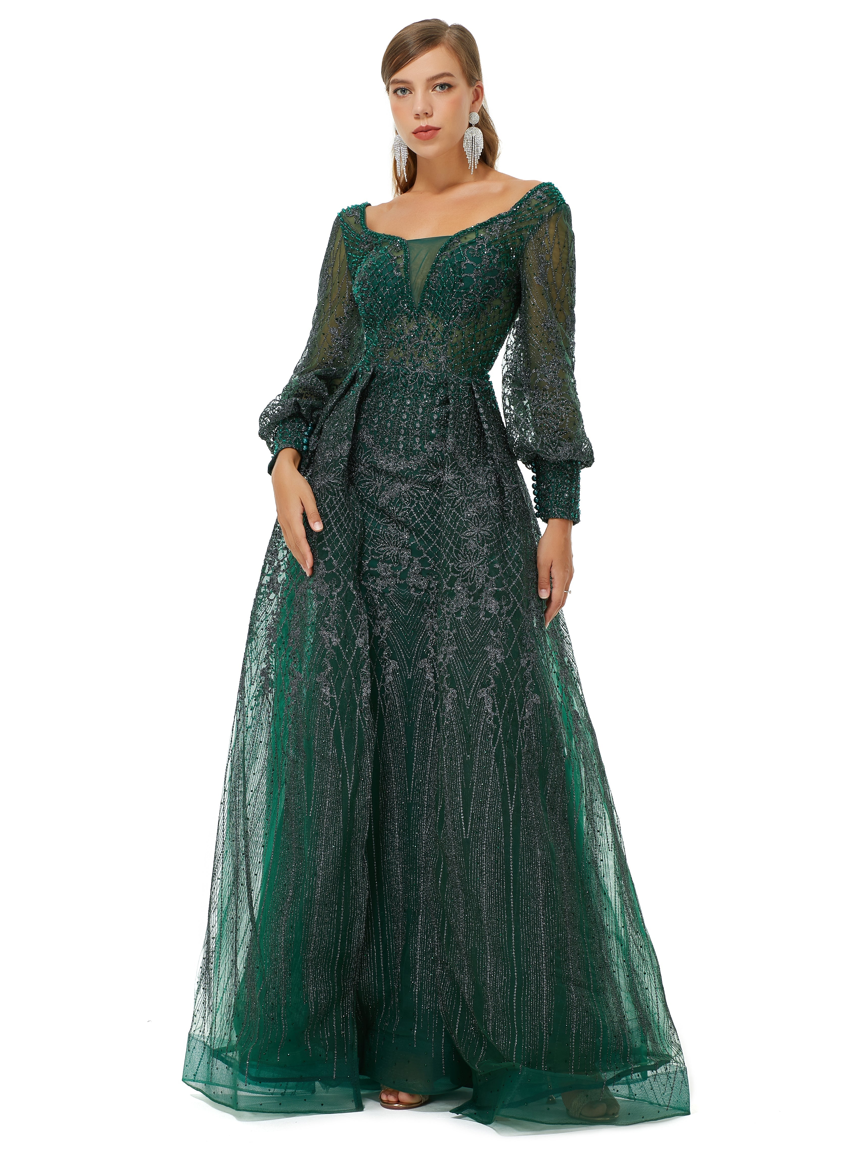 A-line Square Neckline Sequined Floor-length Long Sleeve Open Back Appliques Lace Prom Dress