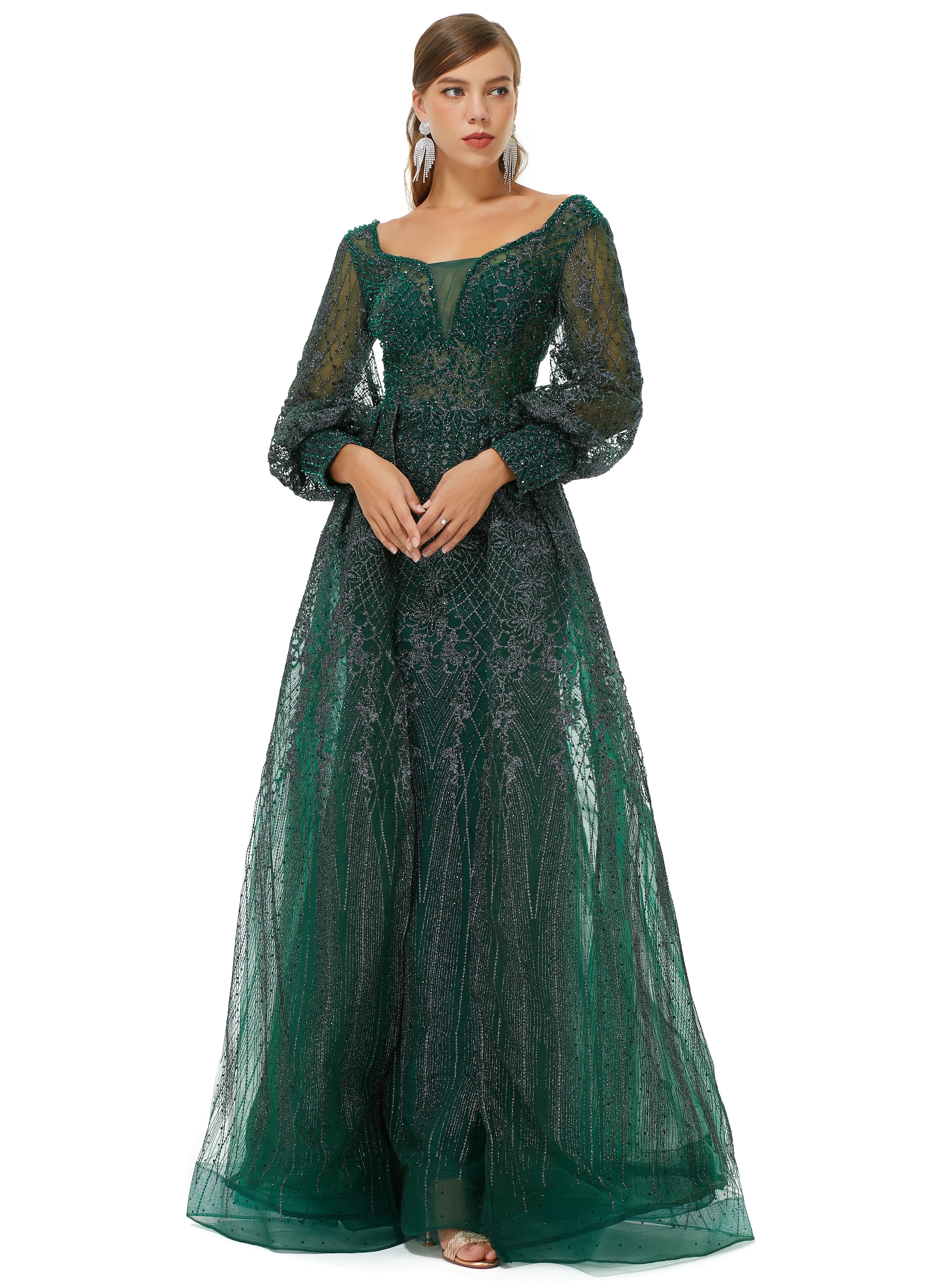 A-line Square Neckline Sequined Floor-length Long Sleeve Open Back Appliques Lace Prom Dress