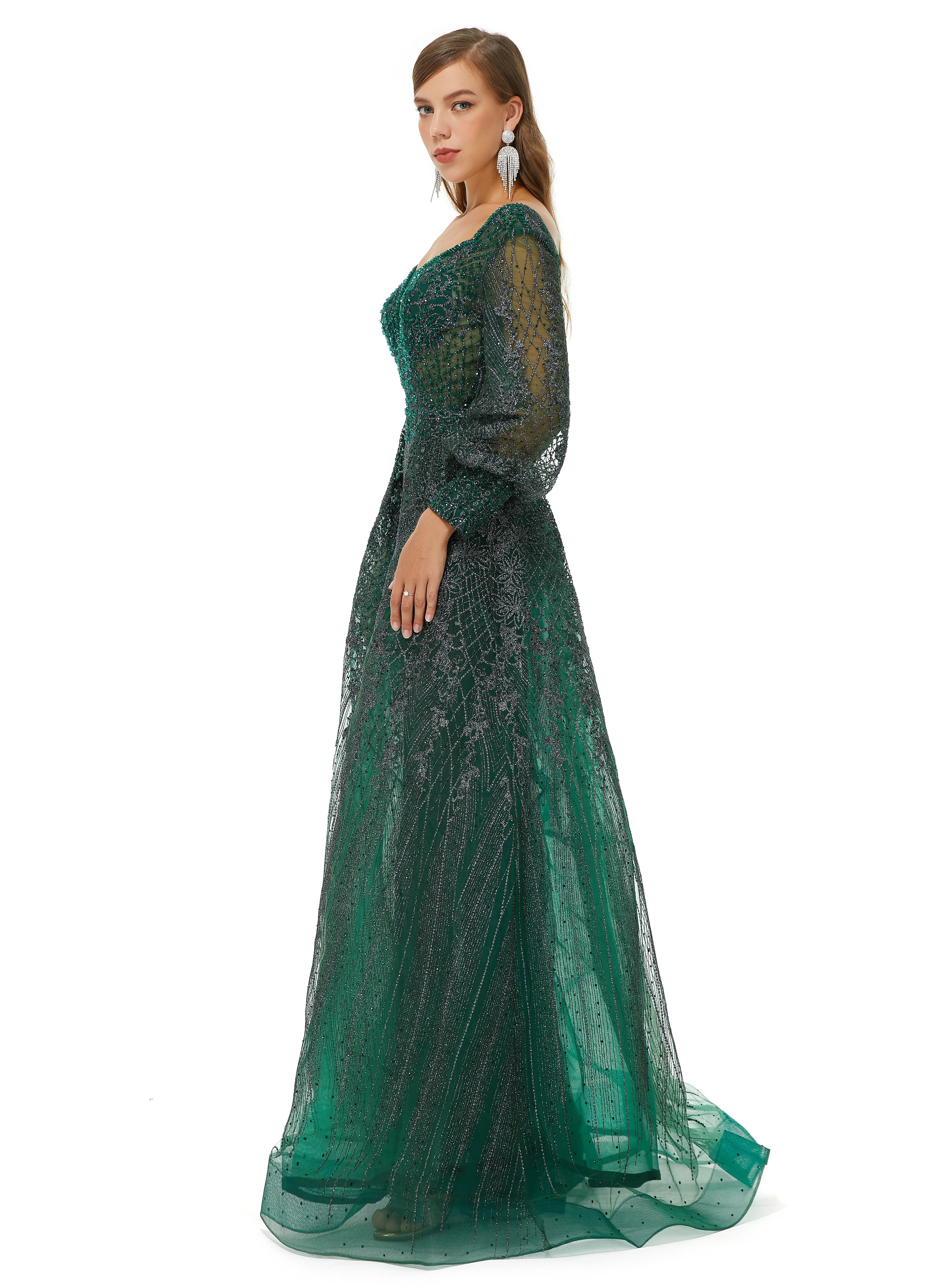 A-line Square Neckline Sequined Floor-length Long Sleeve Open Back Appliques Lace Prom Dress