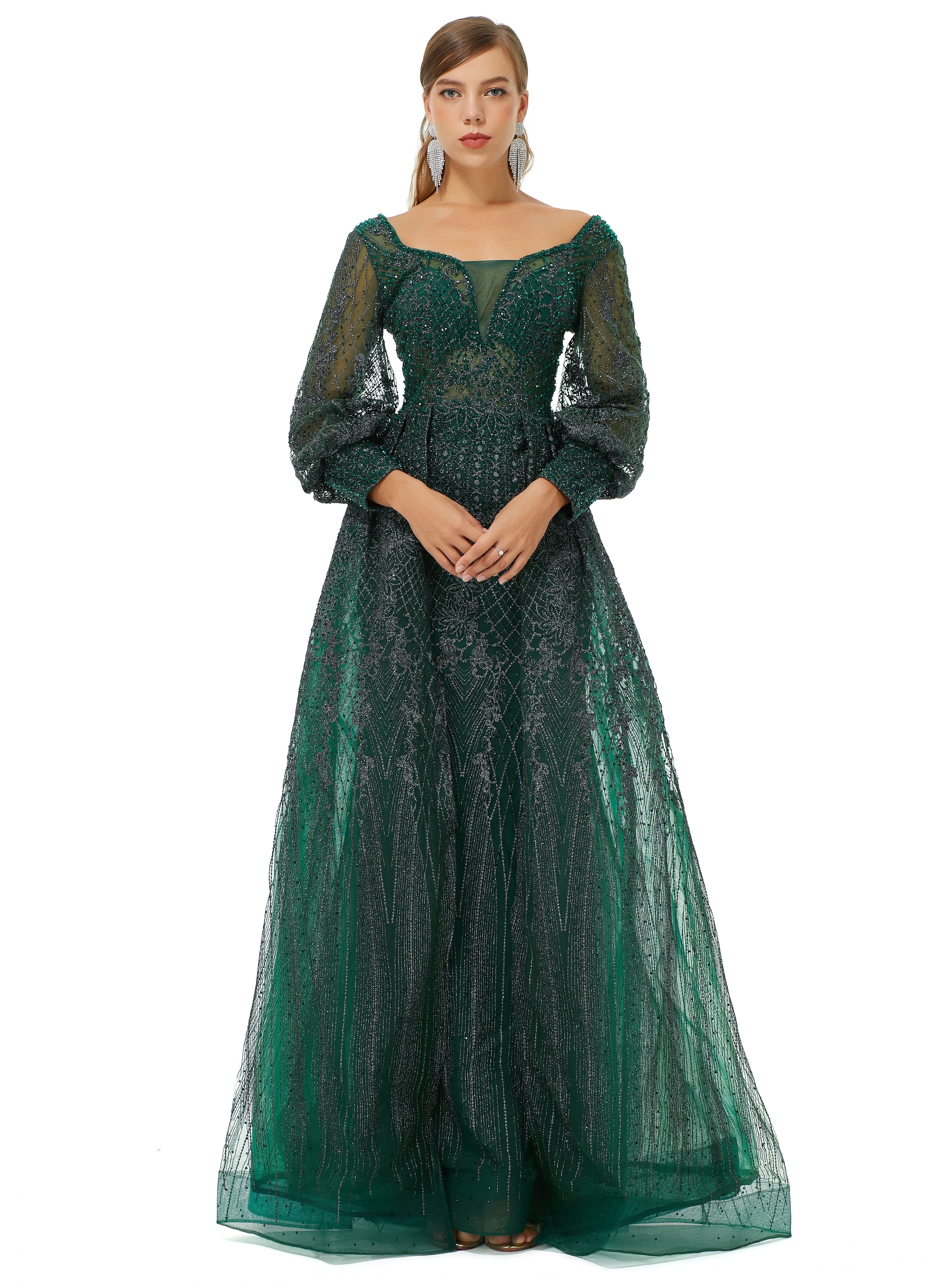 A-line Square Neckline Sequined Floor-length Long Sleeve Open Back Appliques Lace Prom Dress