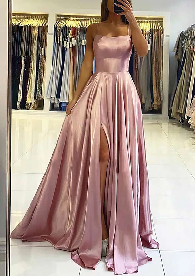 A-Line Square Neckline Sleeveless Satin Sweep Train Prom Dress/Evening Dress With Pleated