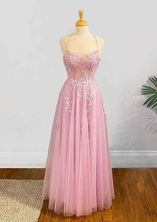 A-Line Square Neckline Spaghetti Straps Long/Floor-Length Tulle Prom Dress/Evening Dress With Appliqued Sequins