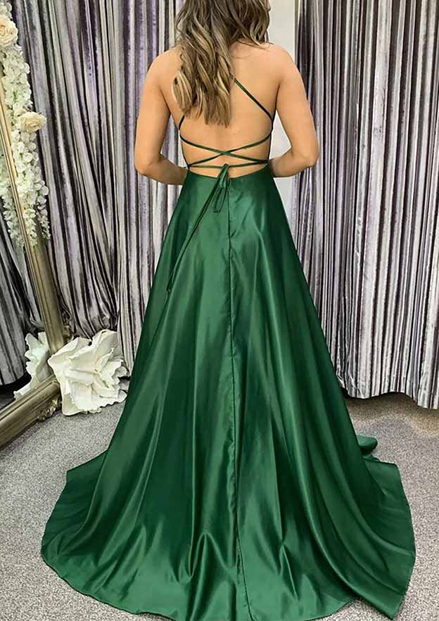 A-Line Square Neckline Spaghetti Straps Sweep Train Charmeuse Prom Dress/Evening Dress