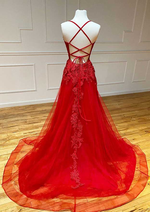 A-Line Square Neckline Spaghetti Straps Tulle Prom Dress/Evening Dress with Appliqued Beading and Court Train