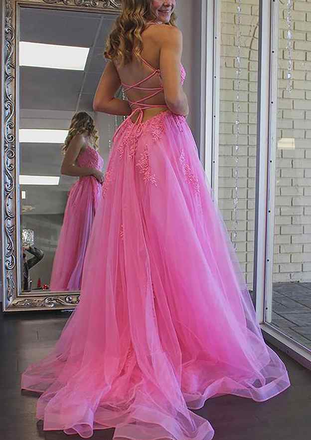 A-Line Square Neckline Tulle Prom Dress/Evening Dress with Spaghetti Straps and Sweep Train Split Appliqued