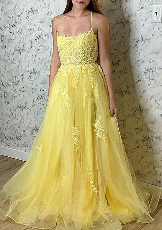 A-Line Square Neckline Tulle Prom Dress/Evening Dress with Spaghetti Straps and Sweep Train Split Appliqued