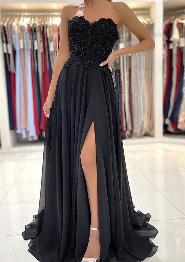 A-Line Sweetheart Chiffon Prom Dress/Evening Dress with Laced Beading Split and Sweep Train