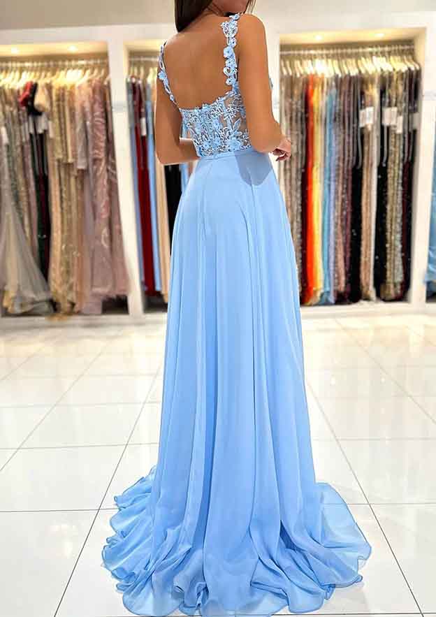 A-Line Sweetheart Sleeveless Chiffon Prom Dress/Evening Dress With Appliqued Split and Sweep Train