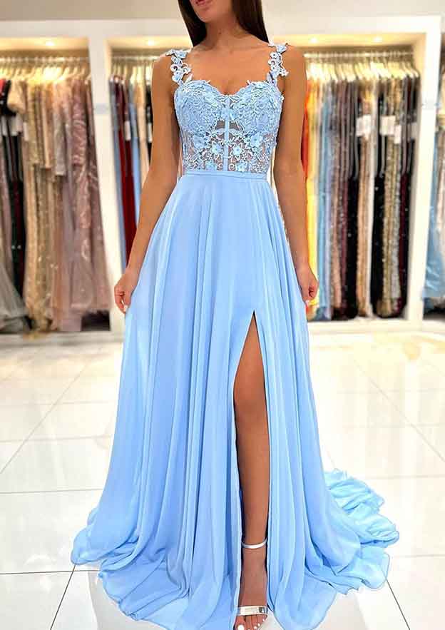 A-Line Sweetheart Sleeveless Chiffon Prom Dress/Evening Dress With Appliqued Split and Sweep Train