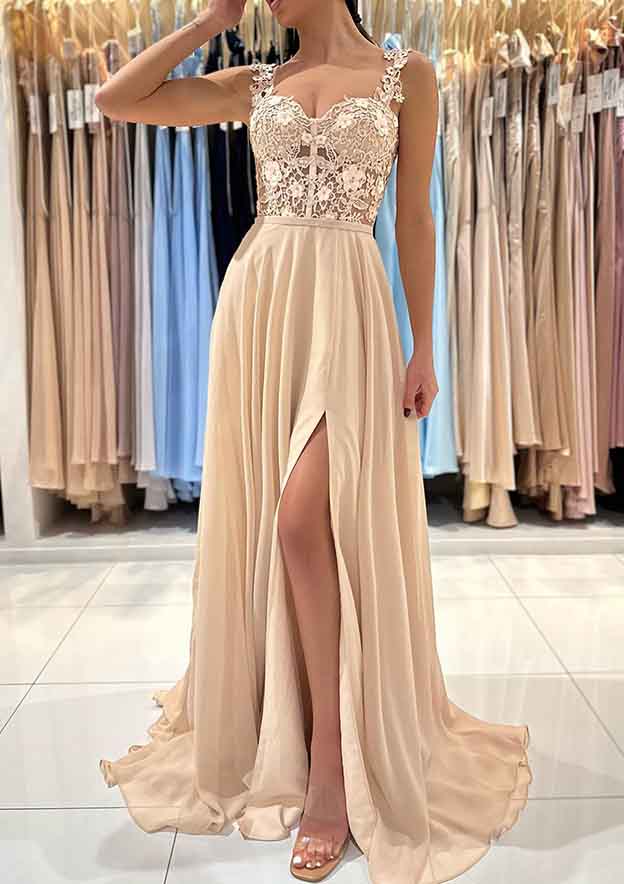 A-Line Sweetheart Sleeveless Chiffon Prom Dress/Evening Dress With Appliqued Split and Sweep Train