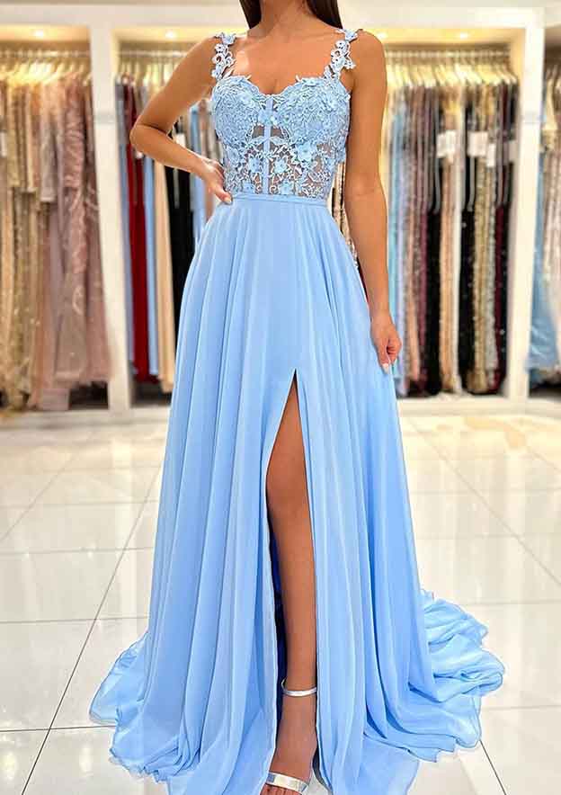 A-Line Sweetheart Sleeveless Chiffon Prom Dress/Evening Dress With Appliqued Split and Sweep Train