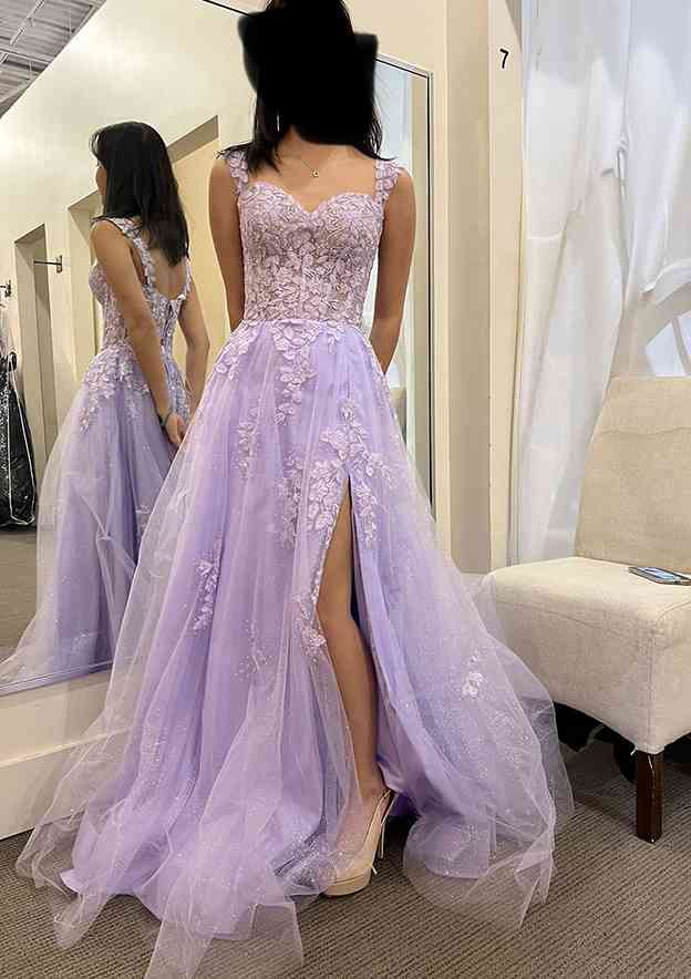 A-Line Sweetheart Sleeveless Glitter Prom Dress/Evening Dress With Appliqued Beading Split and Floor-Length Tulle