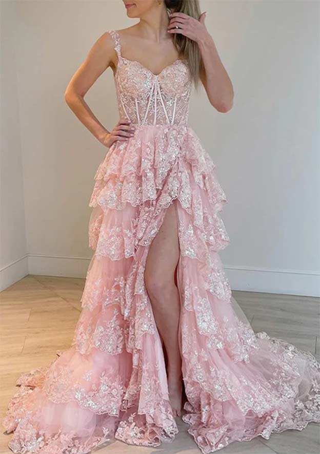 A-Line Sweetheart Sleeveless Long Tulle Prom Dress/Evening Dress with Ruffles Sequins and Splits