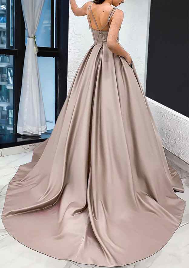 A-Line Sweetheart Sleeveless Satin Prom Dress/Evening Dress with Pockets and Sweep Train