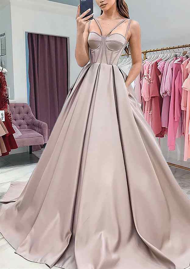 A-Line Sweetheart Sleeveless Satin Prom Dress/Evening Dress with Pockets and Sweep Train