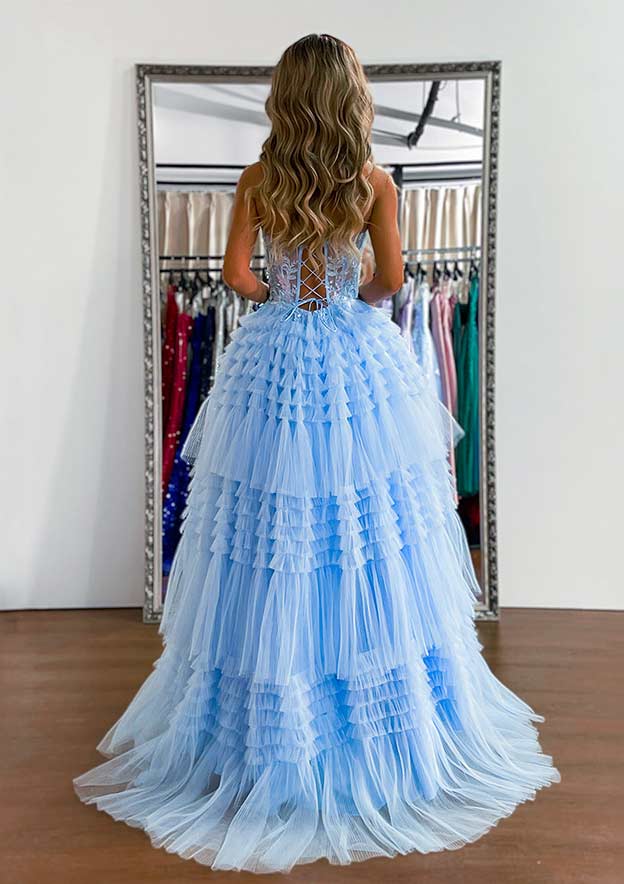 A-Line Sweetheart Sleeveless Tulle Prom Dress/Evening Dress with Appliqued Ruffles and Sweep Train