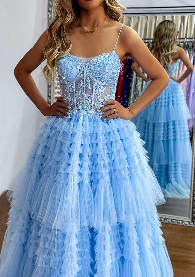 A-Line Sweetheart Sleeveless Tulle Prom Dress/Evening Dress with Appliqued Ruffles and Sweep Train