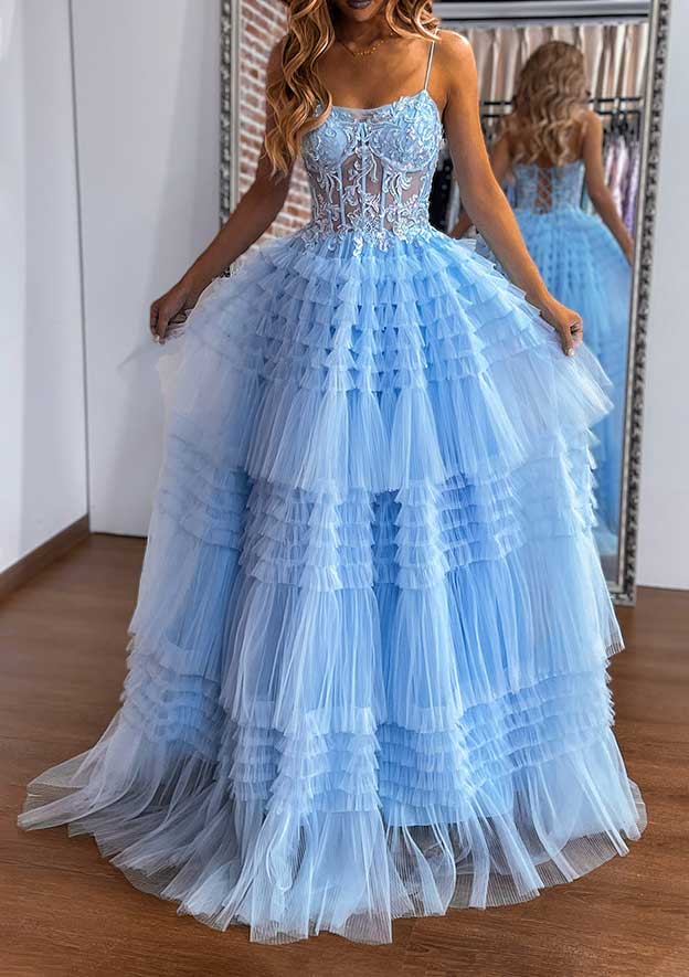 A-Line Sweetheart Sleeveless Tulle Prom Dress/Evening Dress with Appliqued Ruffles and Sweep Train