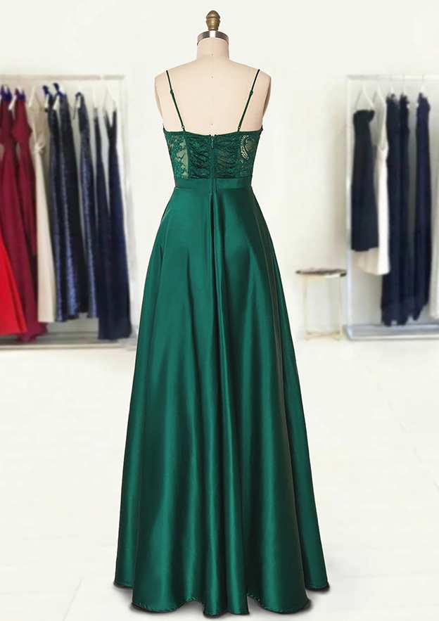 A-Line Sweetheart Spaghetti Straps Long/Floor-Length Satin Prom Dress/Evening Dress With Appliqued Pockets