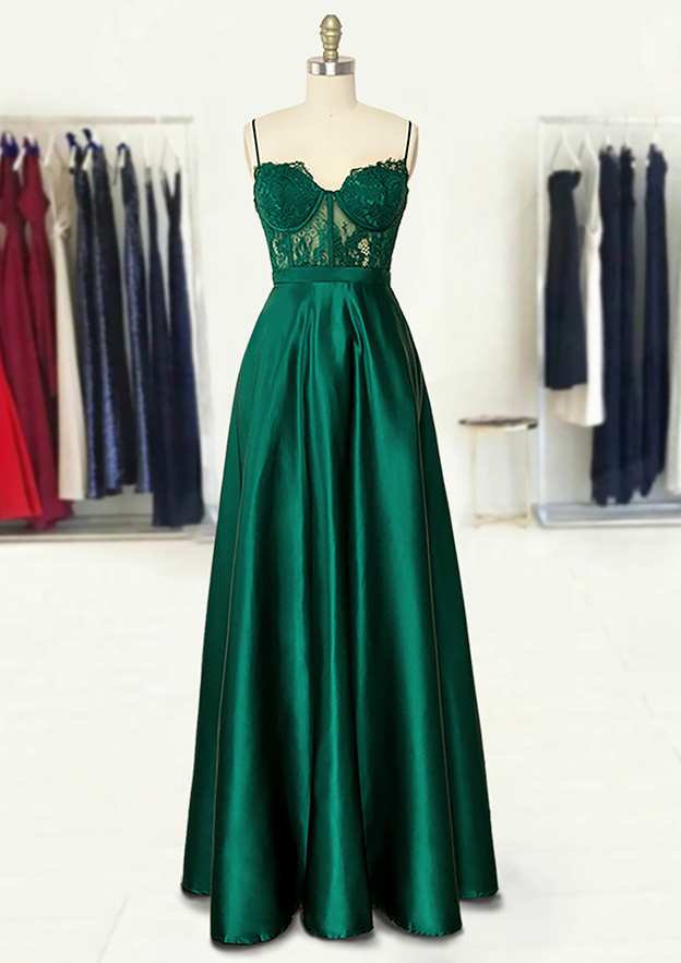 A-Line Sweetheart Spaghetti Straps Long/Floor-Length Satin Prom Dress/Evening Dress With Appliqued Pockets