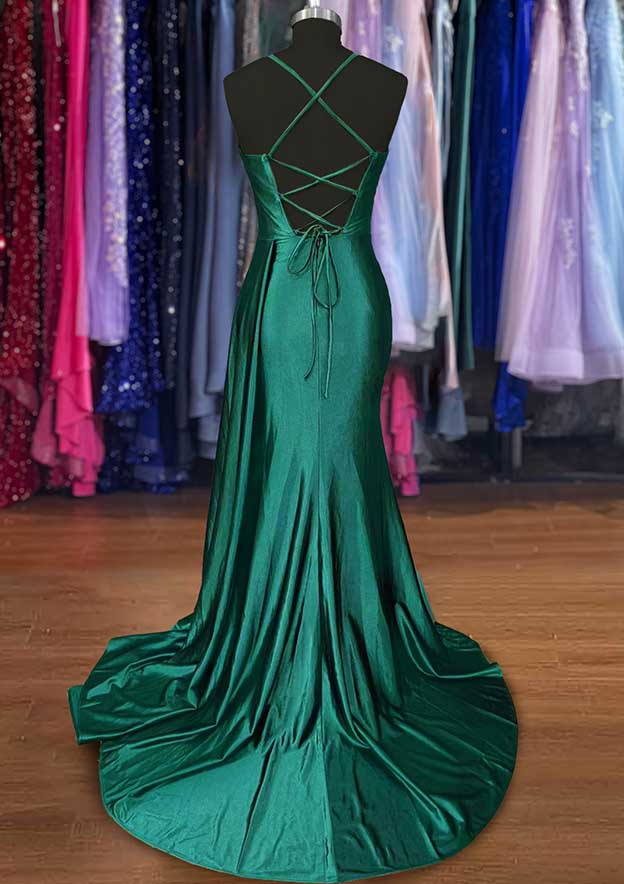 A-Line Sweetheart Spaghetti Straps Prom Dress/Evening Dress in Silk-like Satin with Sweep Train and Ruched Detailing