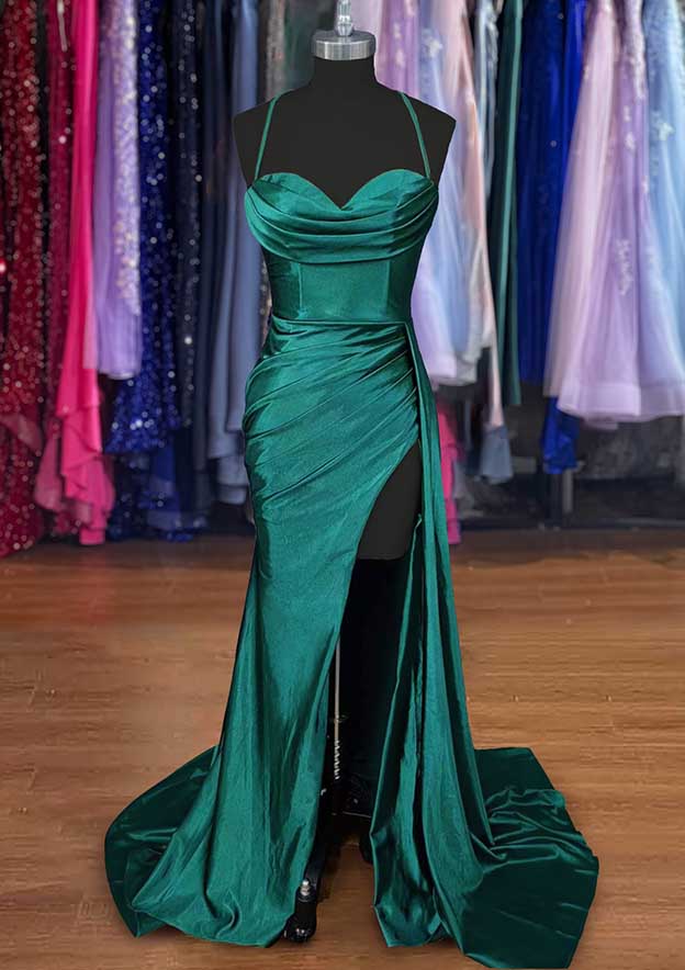 A-Line Sweetheart Spaghetti Straps Prom Dress/Evening Dress in Silk-like Satin with Sweep Train and Ruched Detailing