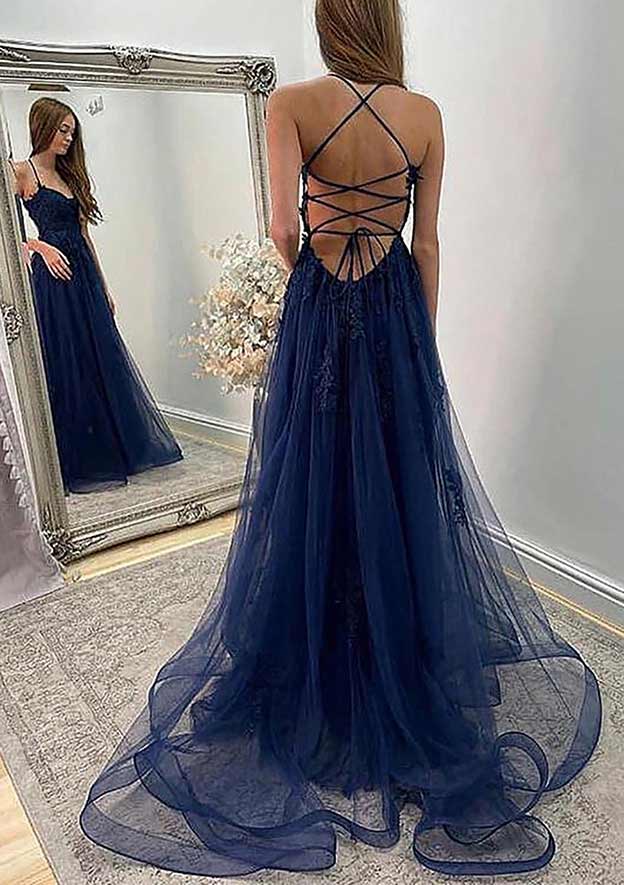 A-Line Sweetheart Spaghetti Straps Sweep Train Tulle Prom Dress/Evening Dress With Appliqued Split