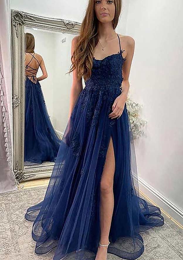 A-Line Sweetheart Spaghetti Straps Sweep Train Tulle Prom Dress/Evening Dress With Appliqued Split