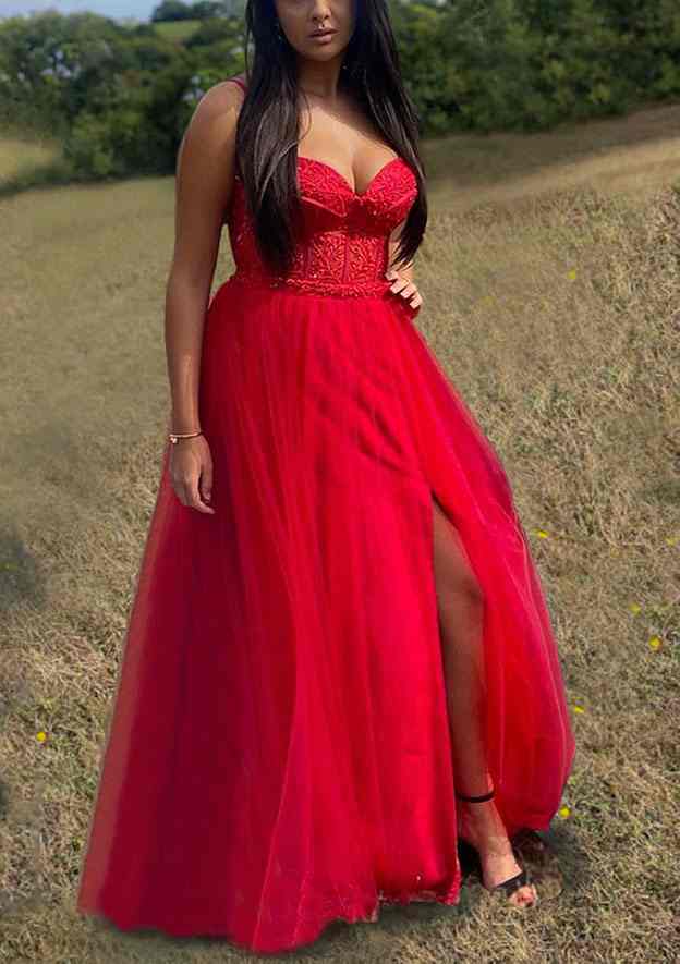 A-Line Sweetheart Spaghetti Straps Tulle Prom Dress/Evening Dress with Split Applique