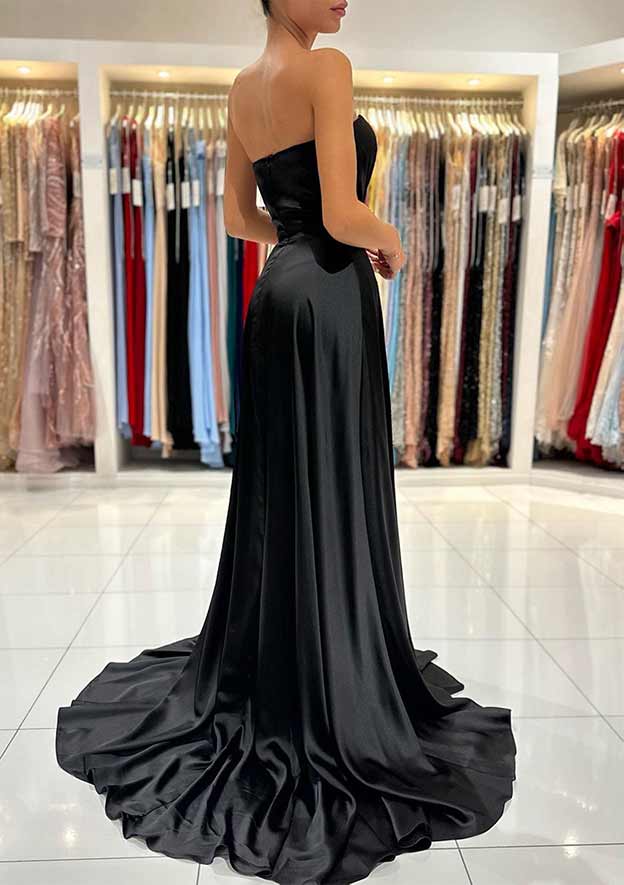 A-Line Sweetheart Strapless Charmeuse Prom Dress/Evening Dress with Pleated Split and Sweep Train