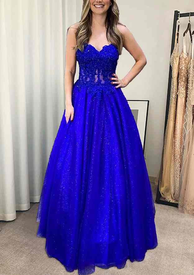 A-Line Sweetheart Strapless Glitter Appliqued Tulle Prom Dress/Evening Dress