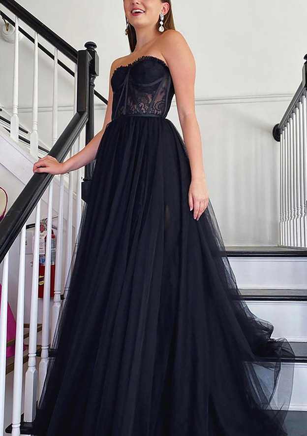 A-Line Sweetheart Strapless Tulle Prom Dress/Evening Dress With Appliqued Detail