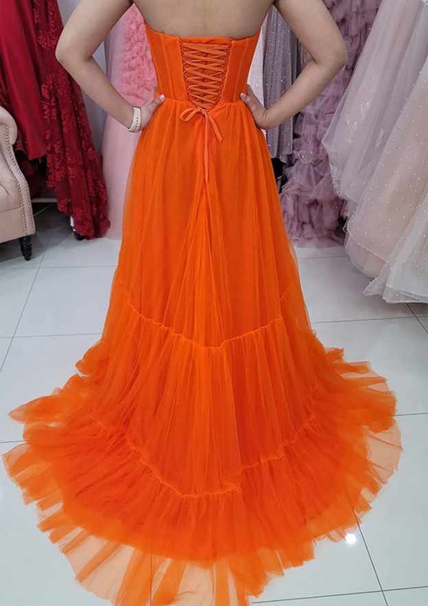 A-Line Sweetheart Strapless Tulle Prom Dress/Evening Dress with Pleated Sweep Train