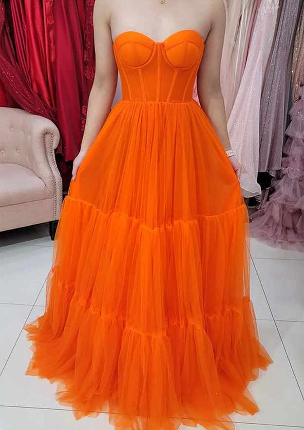 A-Line Sweetheart Strapless Tulle Prom Dress/Evening Dress with Pleated Sweep Train