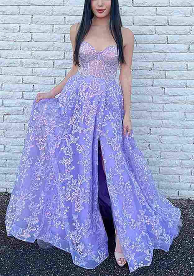 A-Line Sweetheart Tulle Prom Dress/Evening Dress with Glitter Split and Full/Long Sleeve Length