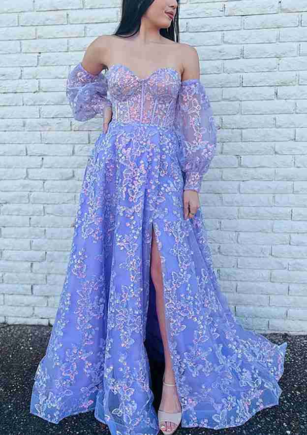 A-Line Sweetheart Tulle Prom Dress/Evening Dress with Glitter Split and Full/Long Sleeve Length