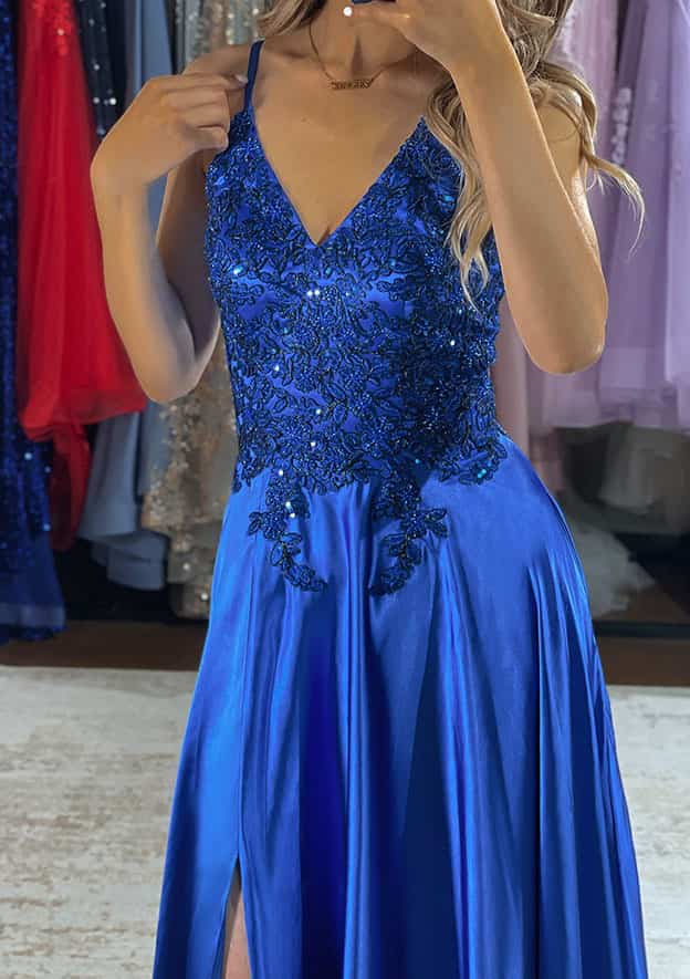 A-Line V-Neck Charmeuse Prom Dress/Evening Dress with Beading Sequins and Split