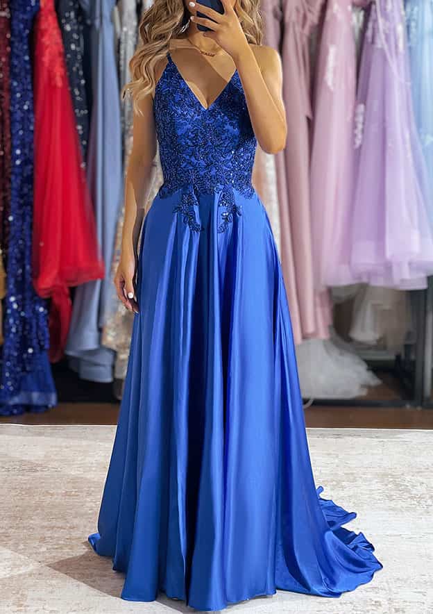 A-Line V-Neck Charmeuse Prom Dress/Evening Dress with Beading Sequins and Split